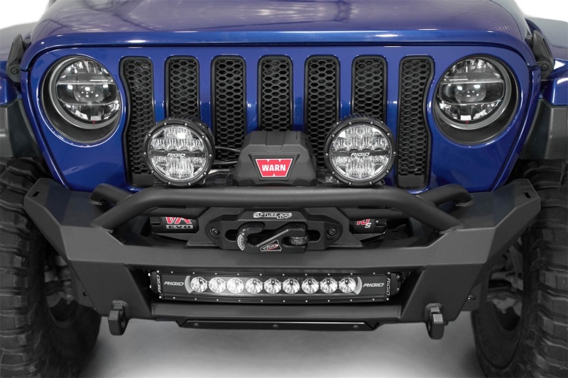 Jeep Gladiator JT Front Bumper - Addictive Desert Designs - Phantom Series, Stubby Winch, Satin Black Aluminum Accent Panels - Hammer Black - `18-`24